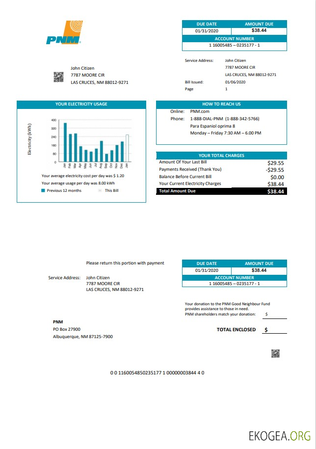 USA New Mexico PNM easy fillable utility bill template in Word and PDF format (.doc and .pdf)